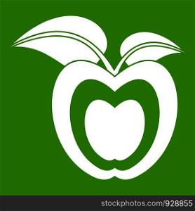 Apple with leaves icon white isolated on green background. Vector illustration. Apple with leaves icon green