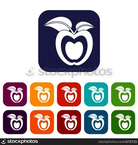 Apple with leaves icons set vector illustration in flat style In colors red, blue, green and other. Apple with leaves icons set flat