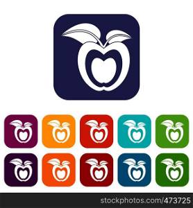 Apple with leaves icons set vector illustration in flat style In colors red, blue, green and other. Apple with leaves icons set flat