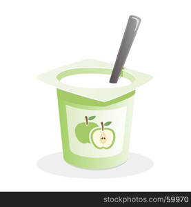 Apple yogurt with spoon inside on white background
