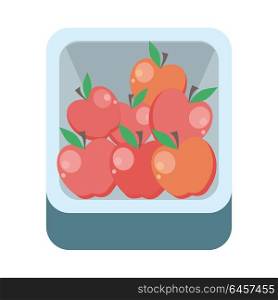 Apples in tray vector in flat style design. Grocery store assortment, foods for diet, fresh fruits concept. Illustration for icons, signboards, ad, infographics design. Isolated on white.. Apples in Tray Flat Design Illustration.
