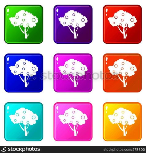 Apples on apple tree branches icons of 9 color set isolated vector illustration. Apples on apple tree branches set 9