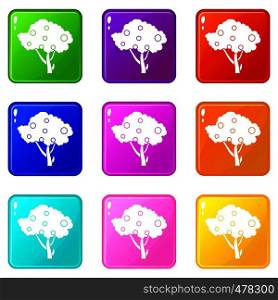 Apples on apple tree branches icons of 9 color set isolated vector illustration. Apples on apple tree branches set 9