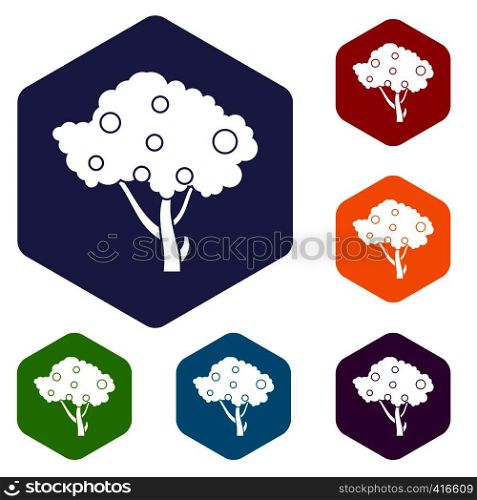 Apples on apple tree branches icons set rhombus in different colors isolated on white background. Apples on apple tree branches icons set