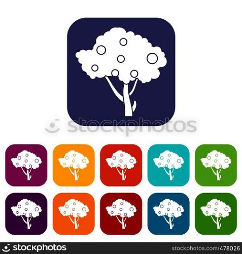 Apples on apple tree branches icons set vector illustration in flat style in colors red, blue, green, and other. Apples on apple tree branches icons set