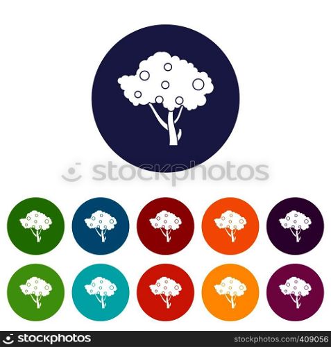 Apples on apple tree branches set icons in different colors isolated on white background. Apples on apple tree branches set icons
