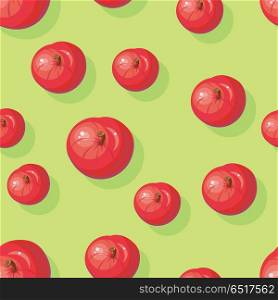Apples seamless pattern. Flat style vector. Group of red, ripe, shining apples on green background. Fruit ornament. Autumn harvest. For packaging, wrapping paper, printings, wallpapers, grocery ad . Red Apples Seamless Pattern Vector Illustration. Red Apples Seamless Pattern Vector Illustration
