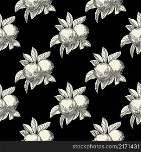 Apples seamless pattern on black background. Vintage botanical wallpaper. Hand draw fruit texture. Engraving vintage style. Design for wrapping paper, textile print. Vector illustration. Apples seamless pattern on black background. Vintage botanical wallpaper.