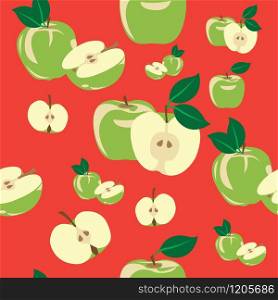 Apples seamless pattern with green apple and a red background.