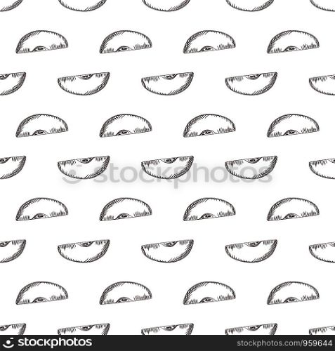 Apples slice seamless pattern. Engraving vintage style. Hand drawn fruits wallpaper. Design for fabric, textile print, wrapping paper. Vector illustration. Apples slice seamless pattern. Engraving vintage style.