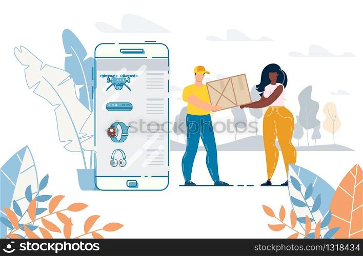 Appliance Buying via Internet and Delivering Order. Huge Smartphone and Opened Screen with Store Showcase Assortment. Deliveryman Giving Parcel to Young Woman Shopper. Mobile Online Service. Appliance Buying via Internet and Delivering Order