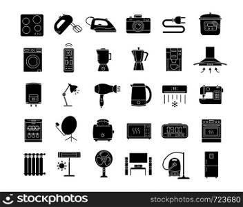 Appliance glyph icons set. Home and kitchen electronics. Domestic technology. Fridge, vacuum cleaner, washing machine, mixer, dishwasher, oven, stove. Silhouette symbols. Vector isolated illustration. Appliance glyph icons set