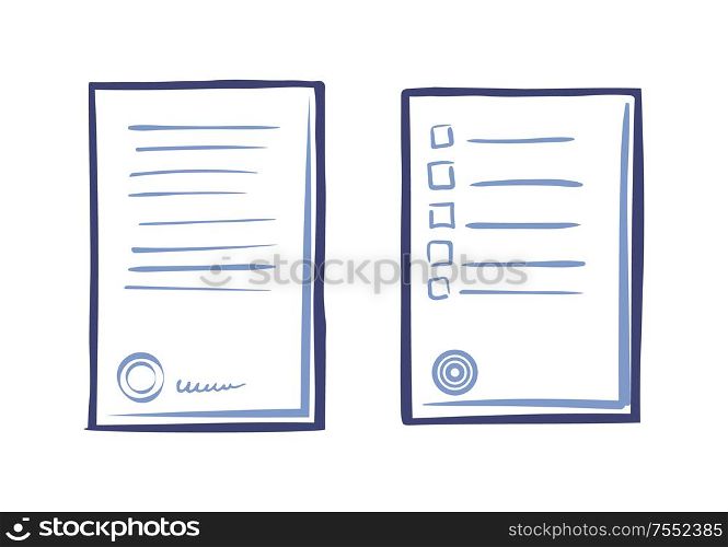 Appliance letter sample, line art icons. Paper sheet list tips, signed contract, stamp and signature vector icon isolated. Commercial documentation. Appliance Letter Sample, Line Art Icons Paper List
