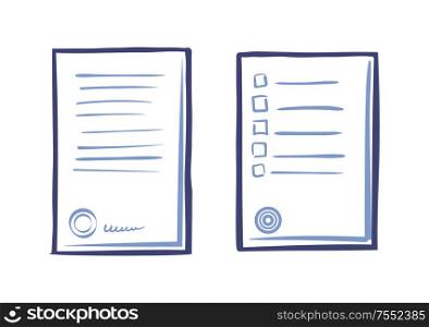 Appliance letter sample, line art icons. Paper sheet list tips, signed contract, stamp and signature vector icon isolated. Commercial documentation. Appliance Letter Sample, Line Art Icons Paper List