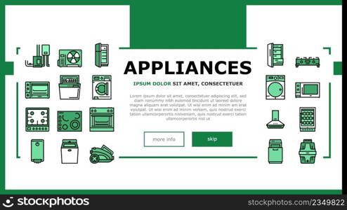 Appliances Domestic Equipment Landing Web Page Header Banner Template Vector. Washer And Dryer Machine, Refrigerator And Freezer, Air Conditioner And Cooling, Microwave And Ice Maker . Illustration. Appliances Domestic Equipment Landing Header Vector