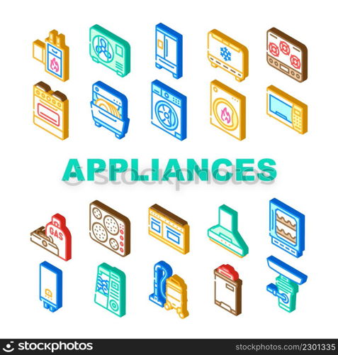Appliances Domestic Technology Icons Set Vector. Refrigerator And Freezer Kitchen Appliance, Oven And Stove, Washer And Dryer Electronic Household Equipment Isometric Sign Color Illustrations. Appliances Domestic Technology Icons Set Vector