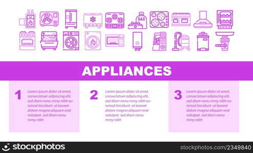 Appliances Domestic Technology Landing Web Page Header Banner Template Vector. Refrigerator And Freezer Kitchen Appliance, Oven And Stove, Washer And Dryer Electronic Household Equipment Illustration. Appliances Domestic Technology Landing Header Vector