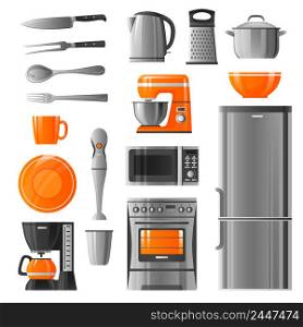 Appliances flat icons set in realistic style with microwave refrigerator stove kettle mixer blender coffee machine and kitchen utensil isolated vector illustration. Appliances And Kitchen Utensil Icons Set