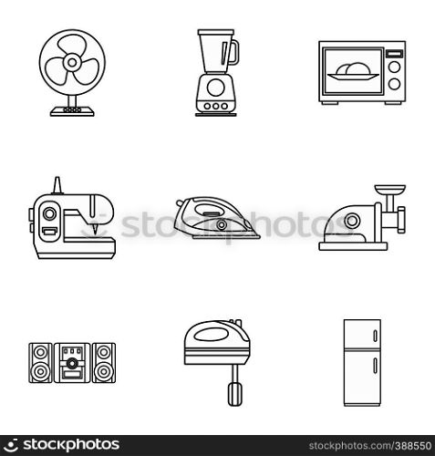 Appliances icons set. Outline illustration of 9 appliances vector icons for web. Appliances icons set, outline style