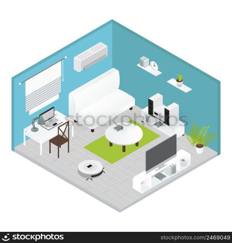 Appliances isometrics living room concept with carried out repairs everything is ready for living vector illustration. Isometrics Living Room Concept