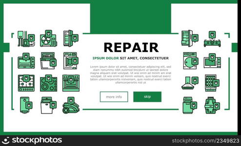Appliances Repair Maintenance Landing Web Page Header Banner Template Vector. Broken Refrigerator And Freezer, Air Conditioner And Wine Cooler Domestic Appliances Repair. Fixing Equipment Illustration. Appliances Repair Maintenance Landing Header Vector