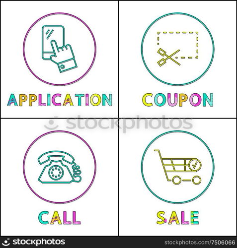 Application and coupon, call and sale linear outline style. Gadget concept signs and website design simple line symbols in circles vector illustration. Application and coupon, call and sale linear icons