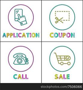 Application and coupon, call and sale linear outline style. Gadget concept signs and website design simple line symbols in circles vector illustration. Application and coupon, call and sale linear icons