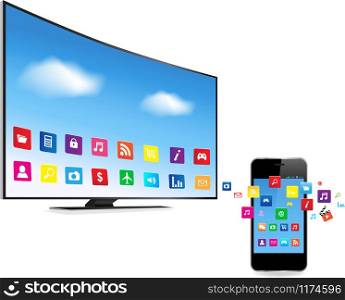 Application coming out from Smart Phone and Smart TV on white background