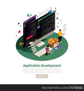 Application development isometric background composition with small people characters computer screens text and read more button vector illustration