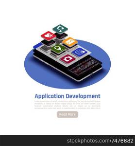 Application development isometric background with round composition of read more button text ans smartphone icons images vector illustration