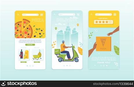 Application for Choose and Order Food for Snack. Mobile Onboard Pages Set. Phone Screen with Menu and Assortment, Courier Delivering Pizza by Moped, Delivery Service Rating. Vector Illustration