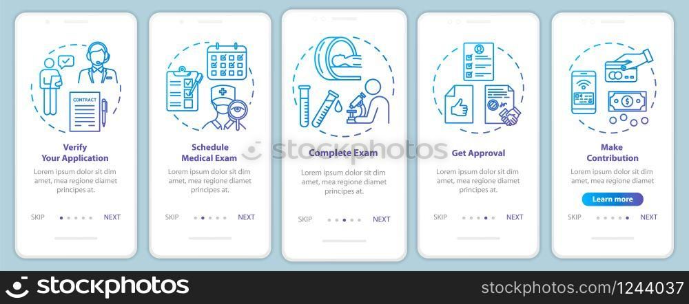 Application for insurance onboarding mobile app page screen with concepts. Medical exam. Confirmation walkthrough 5 steps graphic instructions. UI vector template with RGB color illustrations