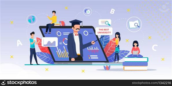 Application for Online Searching Best University. Laptop with Comparative Graphs, Charts to Do Best Choice for Higher Education. Online Consultant Helps Girl to Make Decision. Vector Flat Illustration. App for Online Searching Best University Metaphor