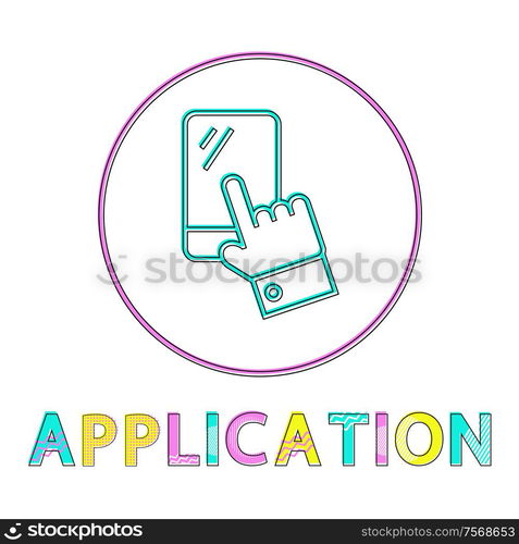 Application for online shop linear icon template. Special app to buy on Internet button outline with smartphone and hand isolated vector illustration.. Application for Online shop Linear Icon Template