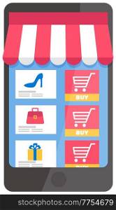 Application for online shopping on a smartphone screen. Special offer purchases vector illustration. App for selection of clothes. Web store layout. Program for making purchases via the Internet. Application for online shopping on a smartphone screen. Special offer purchases vector illustration