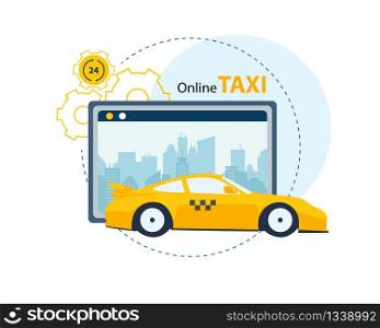 Application for Ordering Taxi Online Flat Cartoon Vector Illustration. Yellow Car or Vehicle with Tablet Screen with City Buildings on Background. Luxury Sport Transport. Ordering Service.