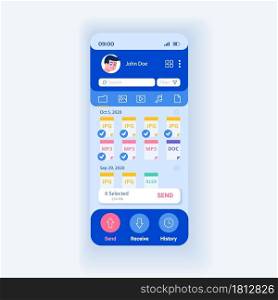 Application for sharing files and data smartphone interface vector template. Mobile app page design layout. Download and upload information screen. Flat UI for application. Phone display. Application for sharing files and data smartphone interface vector template