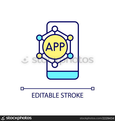 Application for smart home RGB color icon. Remote management and control with cellphone. Mobile phone app. Isolated vector illustration. Simple filled line drawing. Editable stroke. Arial font used. Application for smart home RGB color icon