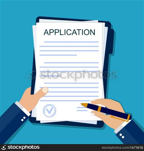 Application form on paper. Hand signs agreement document in flat style. Legal paperwork on isolated background. Insurance concept. Apply on job. Report submission from businessman. vector illustration. Application form on paper. Hand signs agreement document in flat style. Legal paperwork on isolated background. Insurance concept. Apply on job. Report submission from businessman. vector
