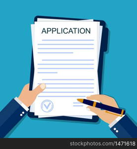 Application form on paper. Hand signs agreement document in flat style. Legal paperwork on isolated background. Insurance concept. Apply on job. Report submission from businessman. vector illustration. Application form on paper. Hand signs agreement document in flat style. Legal paperwork on isolated background. Insurance concept. Apply on job. Report submission from businessman. vector