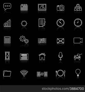 Application line icons with reflect on black, stock vector