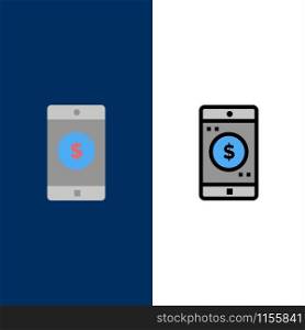 Application, Mobile, Mobile Application, Dollar Icons. Flat and Line Filled Icon Set Vector Blue Background