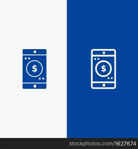 Application, Mobile, Mobile Application, Dollar Line and Glyph Solid icon Blue banner Line and Glyph Solid icon Blue banner