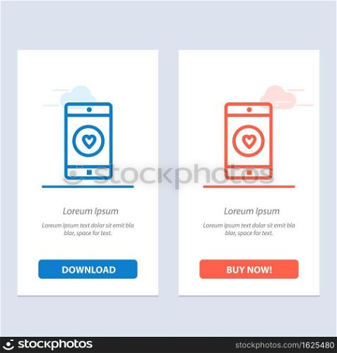 Application, Mobile, Mobile Application, Like, Heart  Blue and Red Download and Buy Now web Widget Card Template