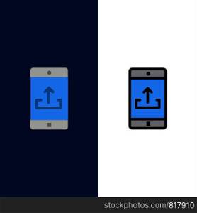Application, Mobile, Mobile Application, Smartphone, Upload Icons. Flat and Line Filled Icon Set Vector Blue Background