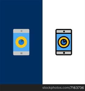 Application, Mobile, Mobile Application, Time Icons. Flat and Line Filled Icon Set Vector Blue Background