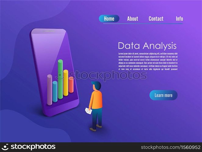 Application of Smartphone with business graph and analytics data on isometric mobile phone. Analysis trends and financial strategy by using infographic chart. Vector concept illustration