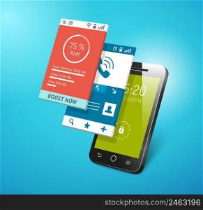 Application on smartphone screen. Different apps interfaces on display vector eps10 illustration