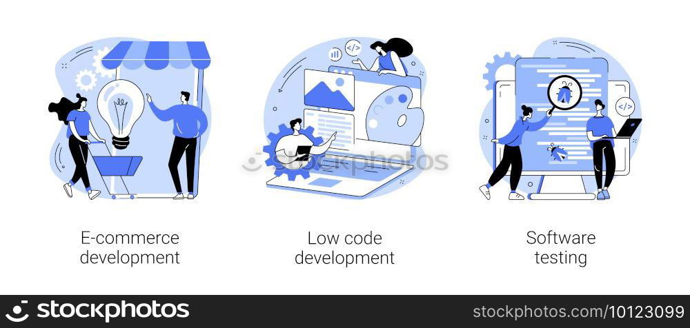 Application software abstract concept vector illustration set. E-commerce development, low code development, IT software testing, online shopping app coding, QA team, bug fixing abstract metaphor.. Application software abstract concept vector illustrations.