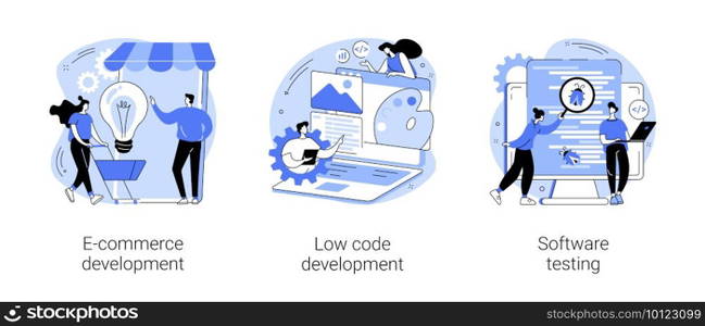 Application software abstract concept vector illustration set. E-commerce development, low code development, IT software testing, online shopping app coding, QA team, bug fixing abstract metaphor.. Application software abstract concept vector illustrations.